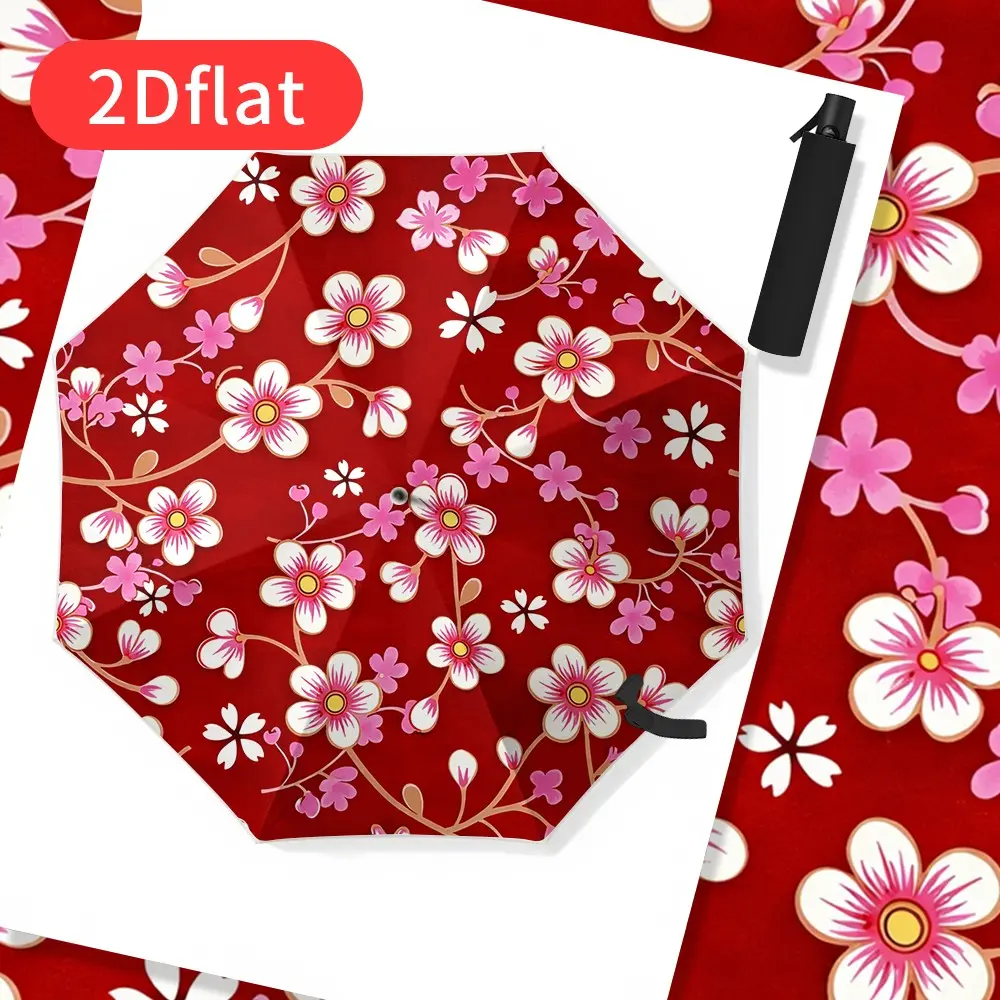 Automatic Open-Close Folding Umbrella with Cherry Blossom Floral Pattern – Red and Pink Floral Design, 8-Rib Compact Travel Umbrella, Elegant Ladies' Umbrella for Daily Use, Parties, and Gifts – Features Automatic