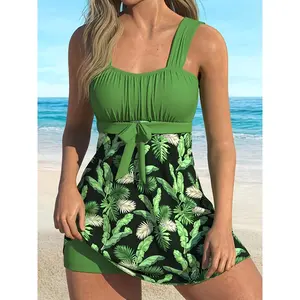 New Fashion Swimsuit Split Tankini Two Piece Set Tropical Solid Color Printed Swimsuit for Women