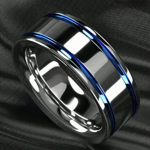 Fashionable Men's Wedding Engagement Ring with Blue Groove Lines, High Glossy Finish & Beautiful Jewelry Design