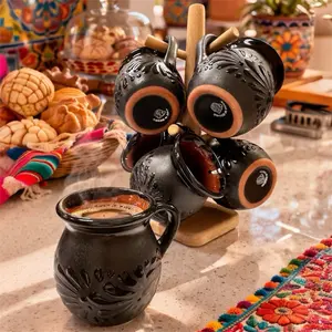 Talavera Mug Set of 6 With Stand | Design Flor Black Color