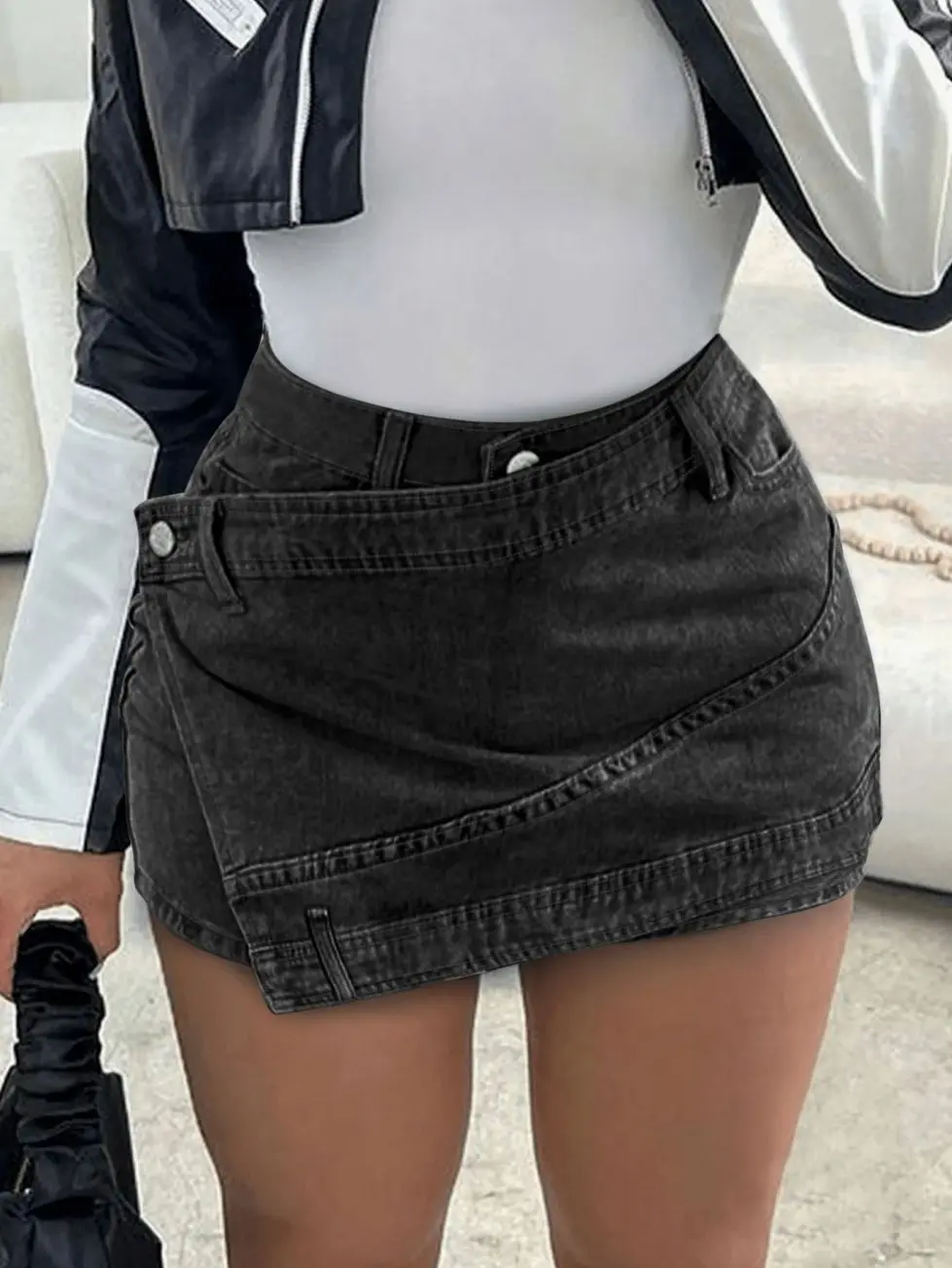 Women's Asymmetric Hem Wrap Denim Mini Skirt with Elastic Waist for Casual Summer and Streetwear Outfits
