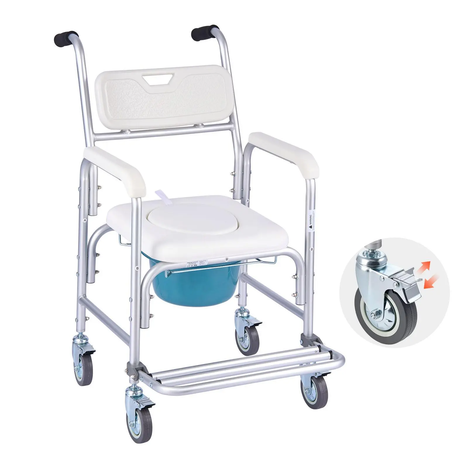VEVOR Metal 4-in-1 Bedside Commode Chair - Portable Rolling Lockable Wheels, 350 lbs Capacity, In-Home Care Raised Toilet Seat, Padded Seat-Backrest, Foldable Footrest, 5L Leak-Resistant Detachable Bucket, Easy-to-Clean Shower Chair for Adults
