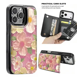 Elegant, artistic, simple, colorful oil painting floral theme, shockproof leather card holder phone case,for iPhone 17 Pro Max Phone Case 17 Air 16 15 Plus 14 13 12 , Samsung Galaxy S25 ULTRA FE Plus S22 S23 FE S24 Plus