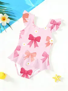 Bowknot Print Girls' Jumpsuit, Cute Cartoon Pattern, Ruffled Quick-Dry Kids Swimwear, Fashion Swimsuit for Beach Parties