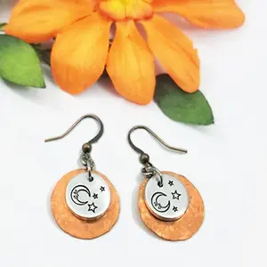 Man In The Moon Silver And Copper Earrings, dangle, artisan, festival, mixed metal, handmade