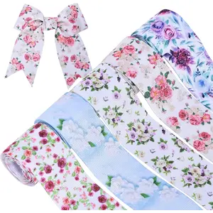 Floral Grosgrain Ribbon, 5 Rolls Flower  Ribbon Spring Summer Fabric Decorative Craft Ribbon Roll for  Wrapping Decor Hair Bow Sewing Wreath Crafts (Mixed Color, 1-1/2Inch X 10Yards)