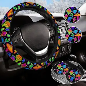 Mushroom Steering Wheel Cover Anti-Slip Universal for 14.5-15 Inch  Steering Wheel Cover with 2 count  Coasters Suitable for Men Women