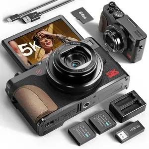 True 5K 64MP Digital Camera for Photography, Autofocus 18X Zoom, 3'' 180? Flip Screen, Comes with 64GB TF Card & 2 , Compact Travel Vlogging Camera for YouTube Beginners (Black)