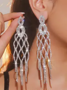 Luxurious Hollow Silver Color Rhinestone Long Tassel Crystal Earrings, Statement Earrings, Perfect for Women's Parties Weddings Festivals