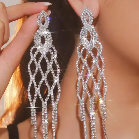 Luxurious Hollow Silver Color Rhinestone Long Tassel Crystal Earrings, Fashion Jewelry Earrings, Statement Earrings, Dangling Earrings, Perfect for Women's Parties Weddings Festivals, Sparkling Ear Jewelry, Party Festival Earrings, Ear Accessories