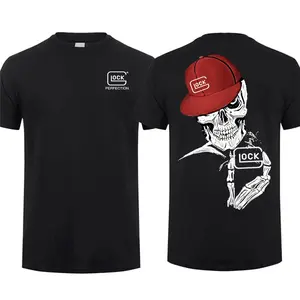 2025 Skull Holding Glock Logo 2 Sided T-Shirt, Unisex Short Sleeve Casual 100% Cotton, Top Menswear, Tactical Gear