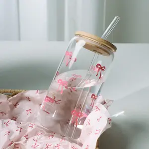Coquette Aesthetic Glass Cups with Lids and Straws Pink Bow Iced Coffee Cup Decor Cute Tumbler Smoothie with Cleaning Brush Gift Box for Girls Women Friends 16 oz Aesthetic Iced Coffee Cup Stylish Star Design Preppy Cup with Brush
