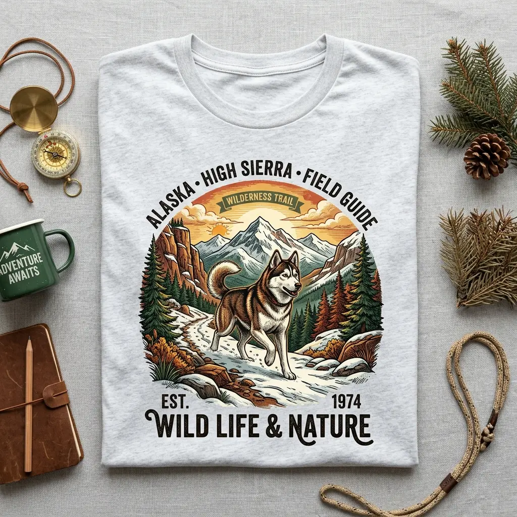 Womenswear Husky Under Snowy Mountains Print Cotton Fabric T-Shirt - Gildan 5000, Unisex, Comfortable Fit