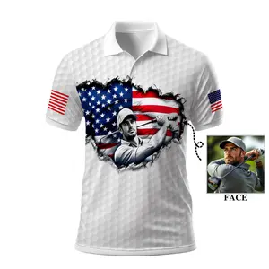 Custom Golf Polo Shirt with Your Face Cartoon on USA Flag Design for Men and Women - Personalized Patriotic Golf Apparel Gift for Golfers, Breathable Fabric, Perfect for Golf Course or Casual Wear, Fast US Shipping
