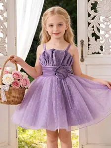 Girls Floral Mesh Ball Gown Baptism Birthday Prom Party Elegant Wedding Princess Dress Piano Host Performance Evening Costume