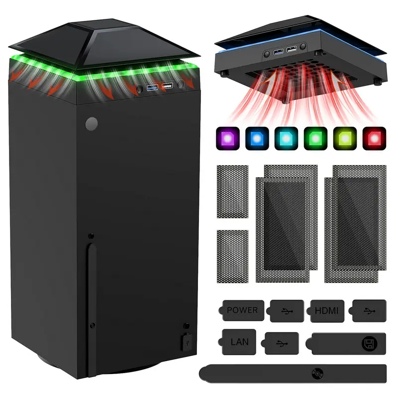 MENEEA Cooling Top Fan for Xbox Series X Console - Dust Cover Filter, Rubber Plugs, 3-Gear Low-Noise, Independent Touch Switches, Colorful LED Lights, 2 USB Ports, Gaming Setup Accessory