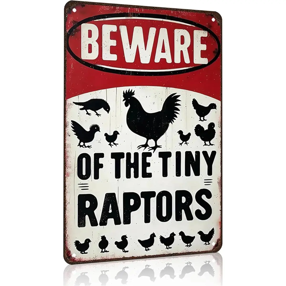 8x12 in Vintage Red-White Metal Tin Sign - Beware of Tiny Raptors Funny Hen Silhouette Hanging Plaque, Farmhouse Farm Coop Home Decor Items, Hilarious Gift for Chicken Farmers Lovers