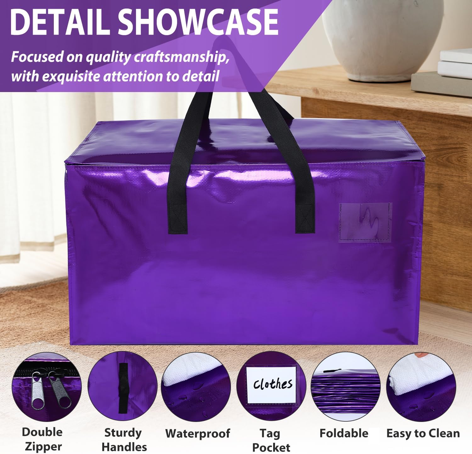 STOWM 6 Counts Heavy-Duty Extra Large Moving Bags Zippered Storage Blue for Clothes Tools Bulky Items Home Office Organization Quality Plastic Secure Space-Savers - Convenience