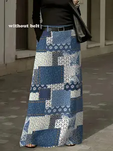 Elegant Women's Printed Midi Skirt, Straight Tube Design, Woven Fabric, Pockets, Back Waist Elastic, All-Season Wear, Office Party Daily Use
