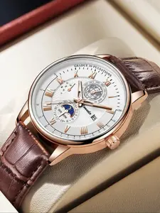 1pcs Mature Men's Watches Gift High End Watch Classic Brown leather strap Business Elite Style Roman scale Calendar Function Japan Imported Automatic Quartz Movement Birthday Gift for Men Graduation Wedding Souvenir