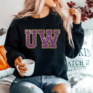 UW Crewneck Sweatshirt - Black Faux Ribbed Sweater with Purple Text, Casual Style for Women