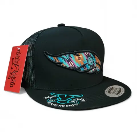 Rancho Original Retro Feather 5-Panel Western Cowboy Snapback Hat - Black Fitted, Texas Embroidery, Adjustable, Unisex Outdoor Cap, Structured Country Hat, Fashion Rodeo Wear Accessory