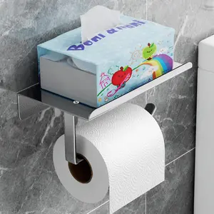 1PC Stainless Steel Tissue Holder,Toilet Paper Holder With Shelf,Wall Mounted Tissue Holder, Bathroom Accessories, Kitchen Accessories, Home Organizer for Bathroom & Kitchen