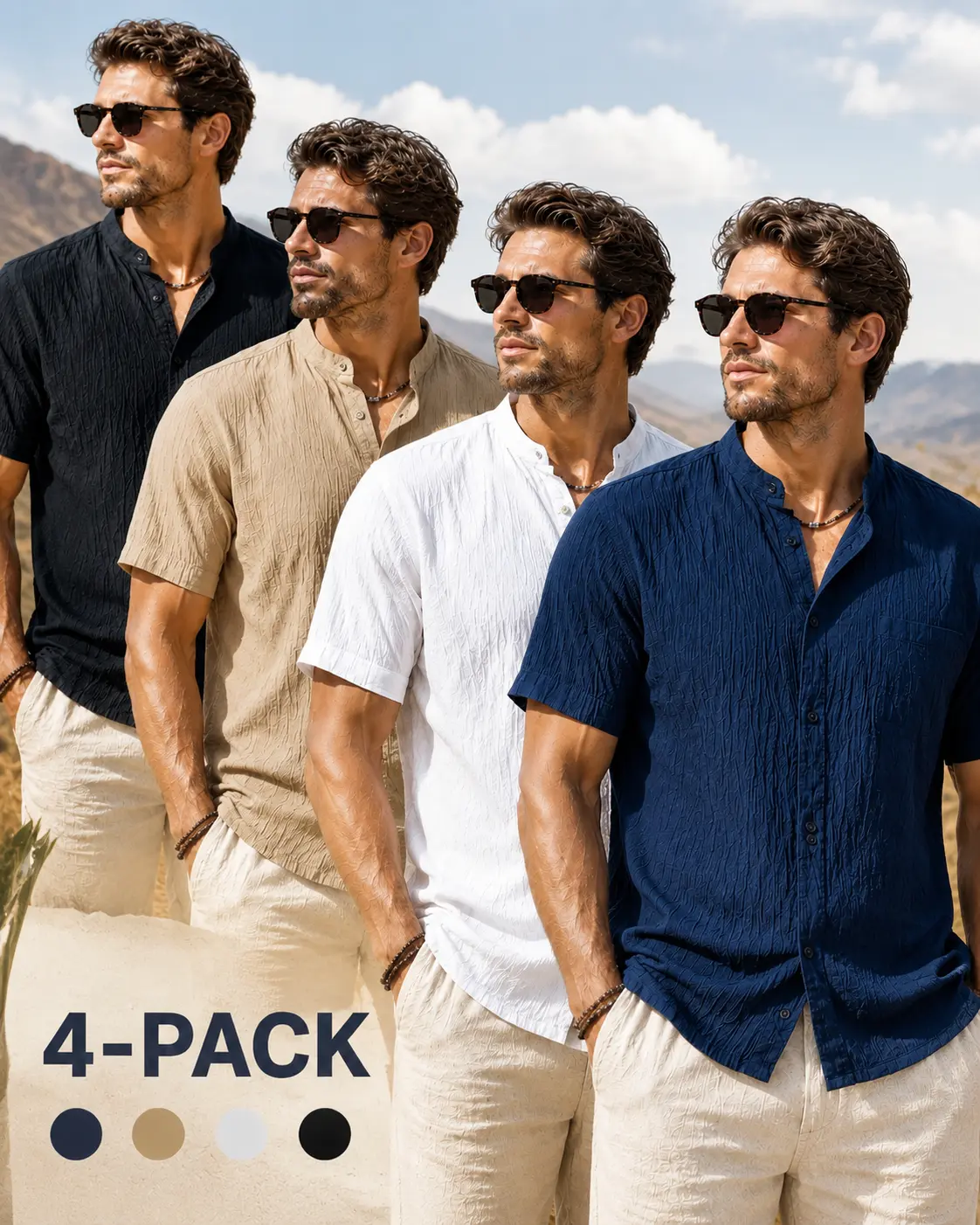 Men's 4 Pack Short Sleeve Shirts, Casual Button Down Shirts for Men, Textured Lightweight Summer Shirts, Breathable Beach Vacation Tops, Band Collar Everyday Shirts