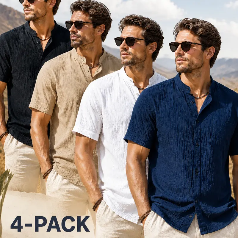 OKP Men's 4-Pack Short Sleeve Band Collar Shirts - Casual Button Down Casual Wear with Textured Fabric, Fitted Cut, Basic Look, Lightweight Breathable Summer Beach Vacation Everyday Tops