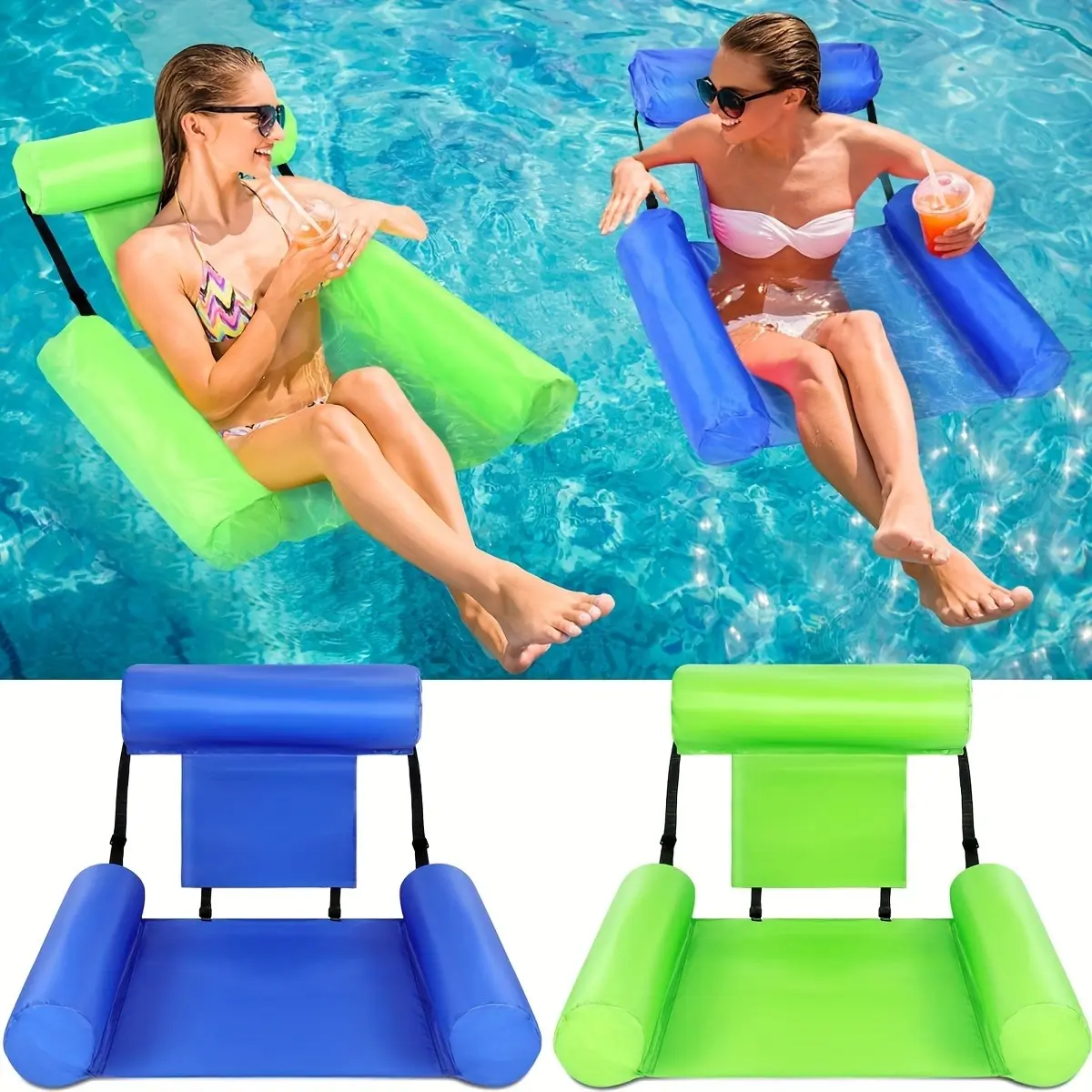 2pcs Inflatable Water Floating Loungers for Pools, Beach Parties, Inflatable Water Hammock Chairs - Durable PVC Foldable Buoyancy Loungers with Armrests and Headrests, Portable Lounge Chairs for Relaxing at Beaches, Lakes, Pools - Bright Blue Swimming, Po