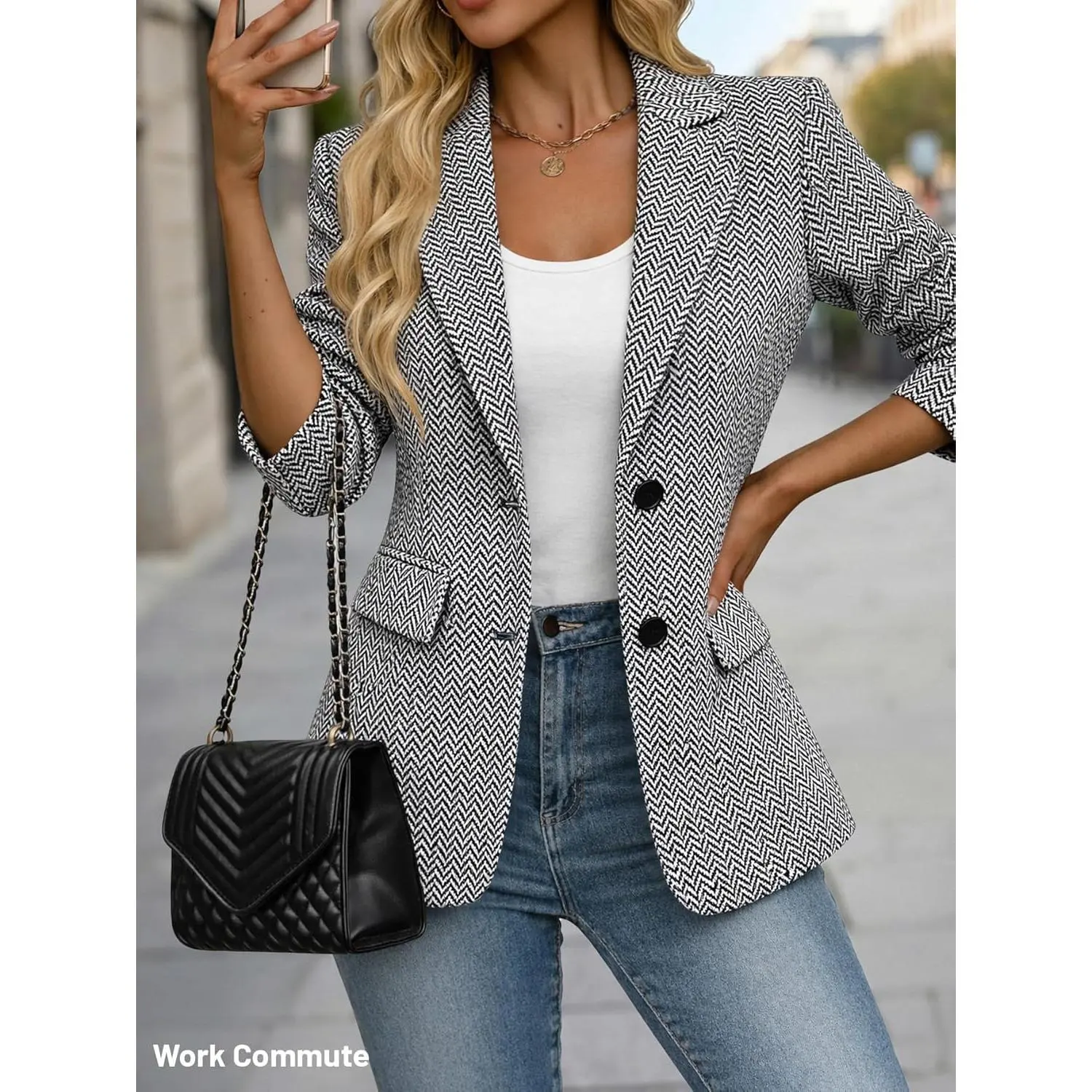 MINA SELF Women's Lady Chic Herringbone Tweed Blazer - Structured Open-Front Jacket with Pockets for Business Casual Work Office, Women's Clothes, Fitted, Long Sleeve, Elegant, Polyester, Plaid, Holidays, Structured Fit, Non-Stretch, Textured Woven Fabric