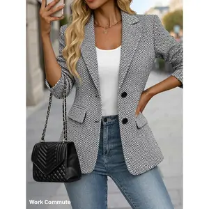 Mina Self 2026 Women's Spring Herringbone Tweed Blazer - Open Front Fully Lined Casual Work Office Jacket with Pockets