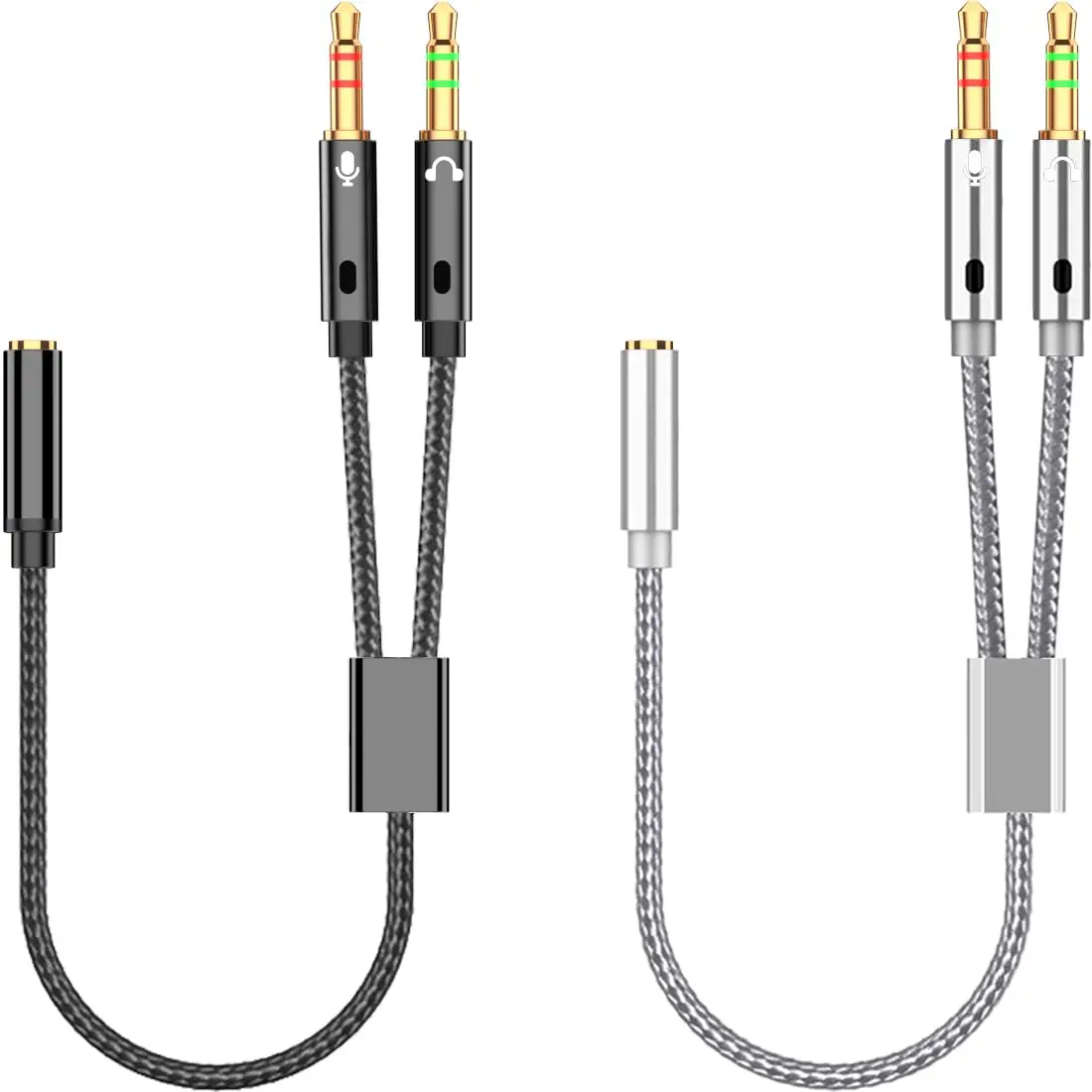 2-Pack 3.5mm Female-to-Male Dual Output Headphone Splitter Cable, Nylon Braided Y Adapter for PC Users, Computer, Smartphone Headset (Black, Silver)