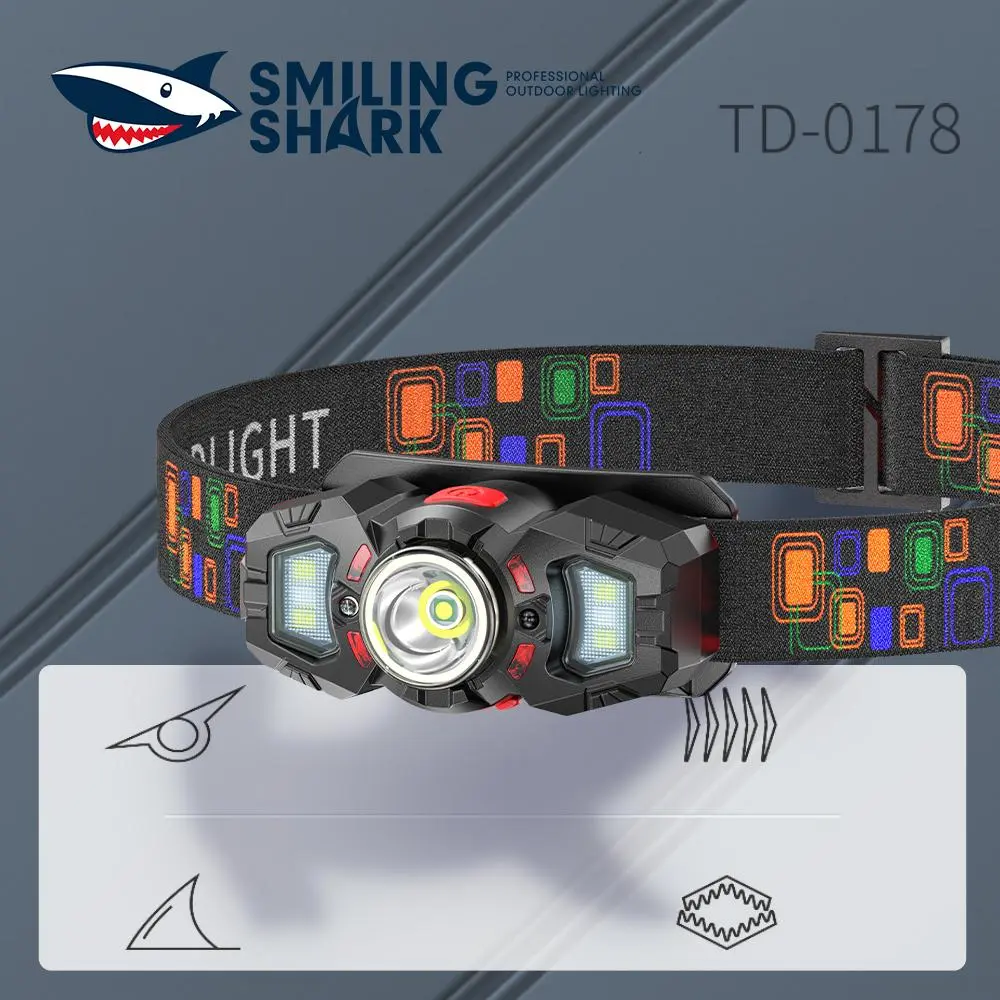 smilingshark TD-0178 USB Rechargeable Headlamp, Super Bright High Lumen LED, Mini Portable ABS Body with 6 Modes, Motion Sensor, and Power Display for Camping and Outdoor Enthusiasts, High Lumen Flashlights, Super Bright Flashlight, Headband, 3.7V, Sensor