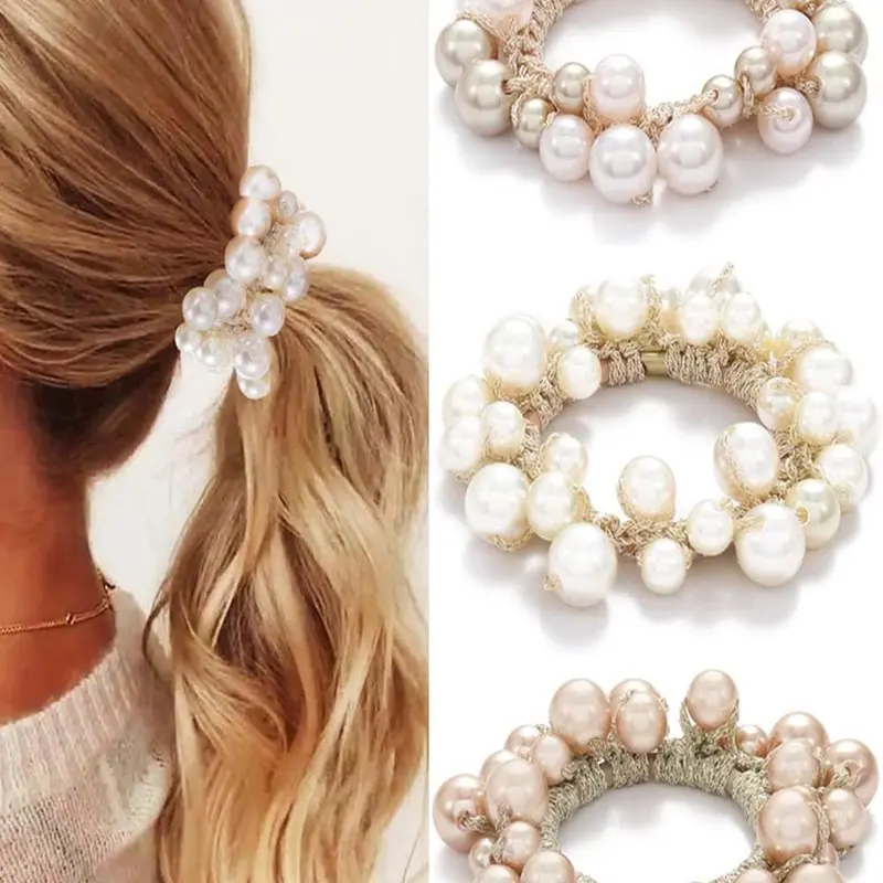 Beaded Hair Scrunchies, Elastic Hair Ties for Women & Girls, Stylish Ponytail Holders, Fashionable Hair Accessories, Durable Hair Accessories for Everyday Use, Ponytail Hairstyle, Elastic Hair Accessory