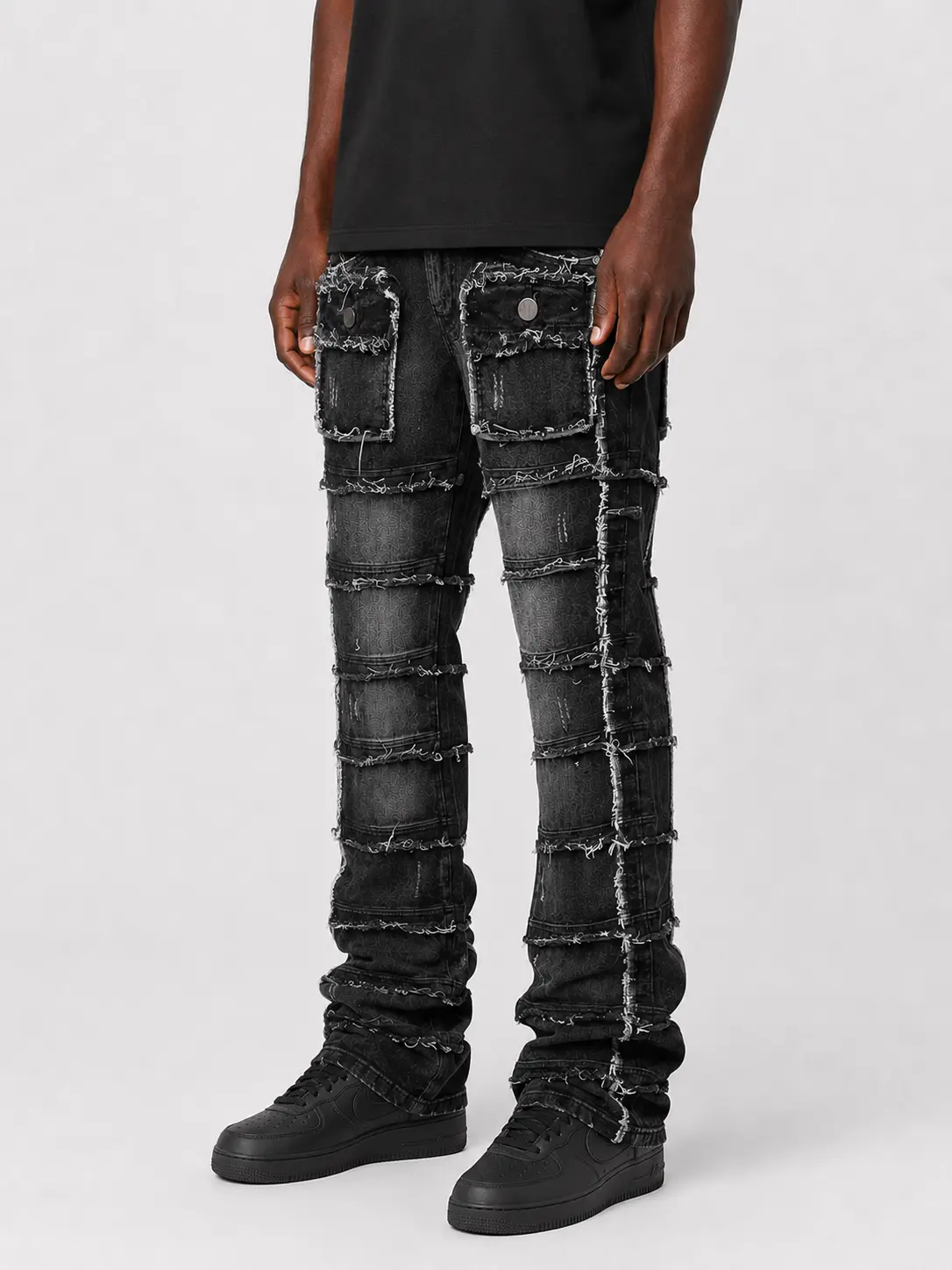 Men's Stacked Cargo Jeans in Washed Black Stretch Denim, a Multi-Pocket True to Size Menswear Garment