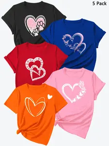 Summer New Letter Heart Print Short Sleeve T-Shirts, 5 Pcs Set, Blue, High-Quality Women's Athletic Tee Shirts, Casual Fitted Style