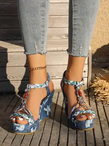 Women's Denim Tie-Dye Wedge Sandals - Boho Braided Ethnic Style Platform Sandals with Decorative Gems | Trendy Summer Vacation Footwear