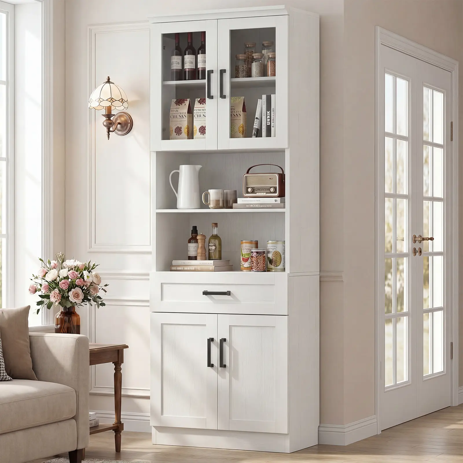 Unikito 79.7" Tall Kitchen Pantry Storage Cabinet, Freestanding Kitchen Hutch Cabinet with Glass Door, Adjustable Shelves and Drawer, Display Bookcase for Living Room, Dining Room, Bathroom
