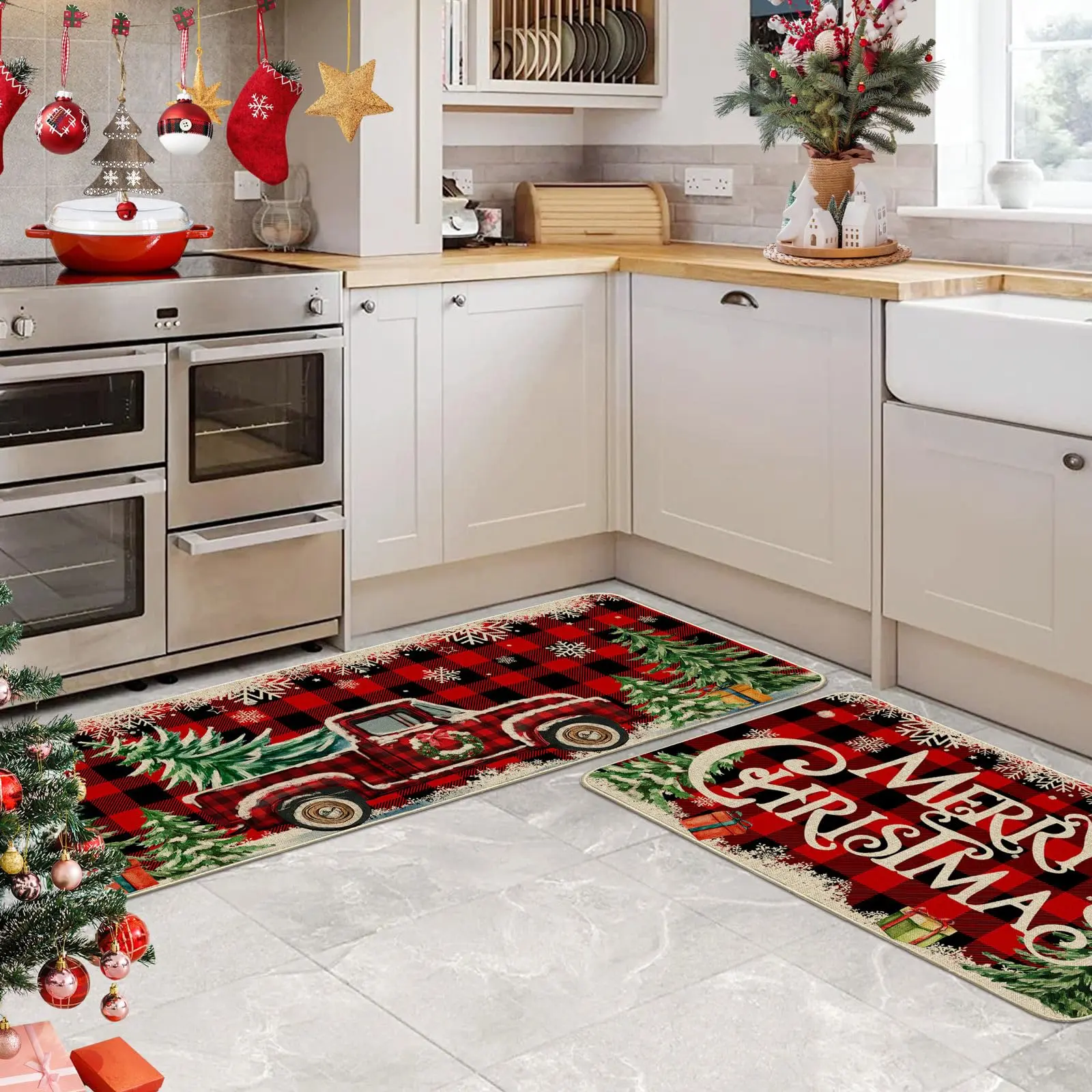 2-piece Christmas kitchen rug set, farmhouse truck red flannel kitchen decor, Christmas kitchen decorations, perfect for kitchen, home office, laundry room, bathroom - timeless farmhouse style, premium flannel 0.47-inch memory foam non-slip backing
