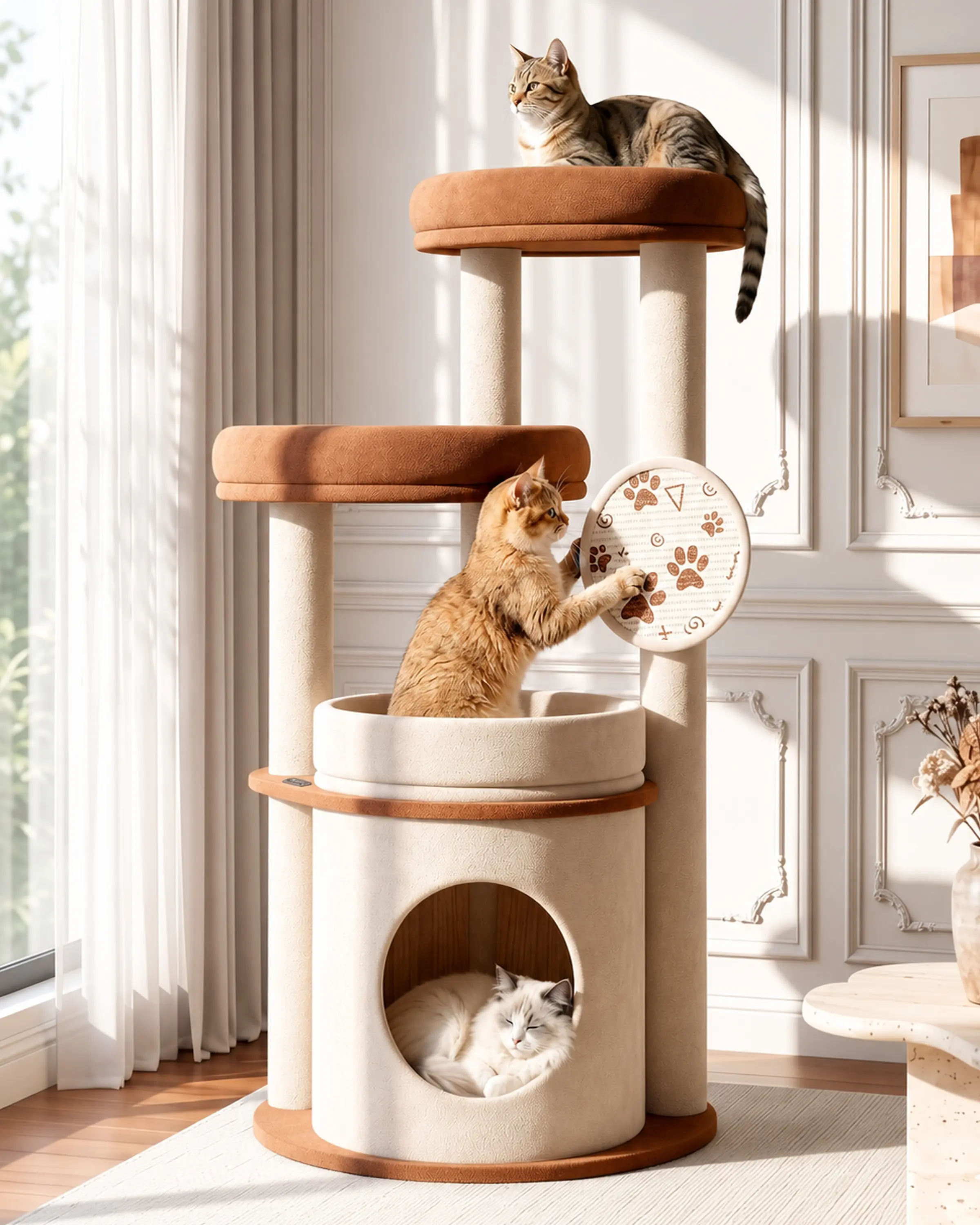 4-Tier Fully Wrapped Plush Cat Tree for Large Cats and Multi-Cat Homes, Dual Spacious Perches, Cozy Condo, Wide Stable Base and Scratching Pad