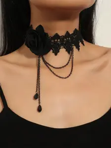 Gothic Lace Hollow Out Choker Necklace, Elegant Women's Accessory for Daily Wear or Party Gift, Casual Style Alloy Chain