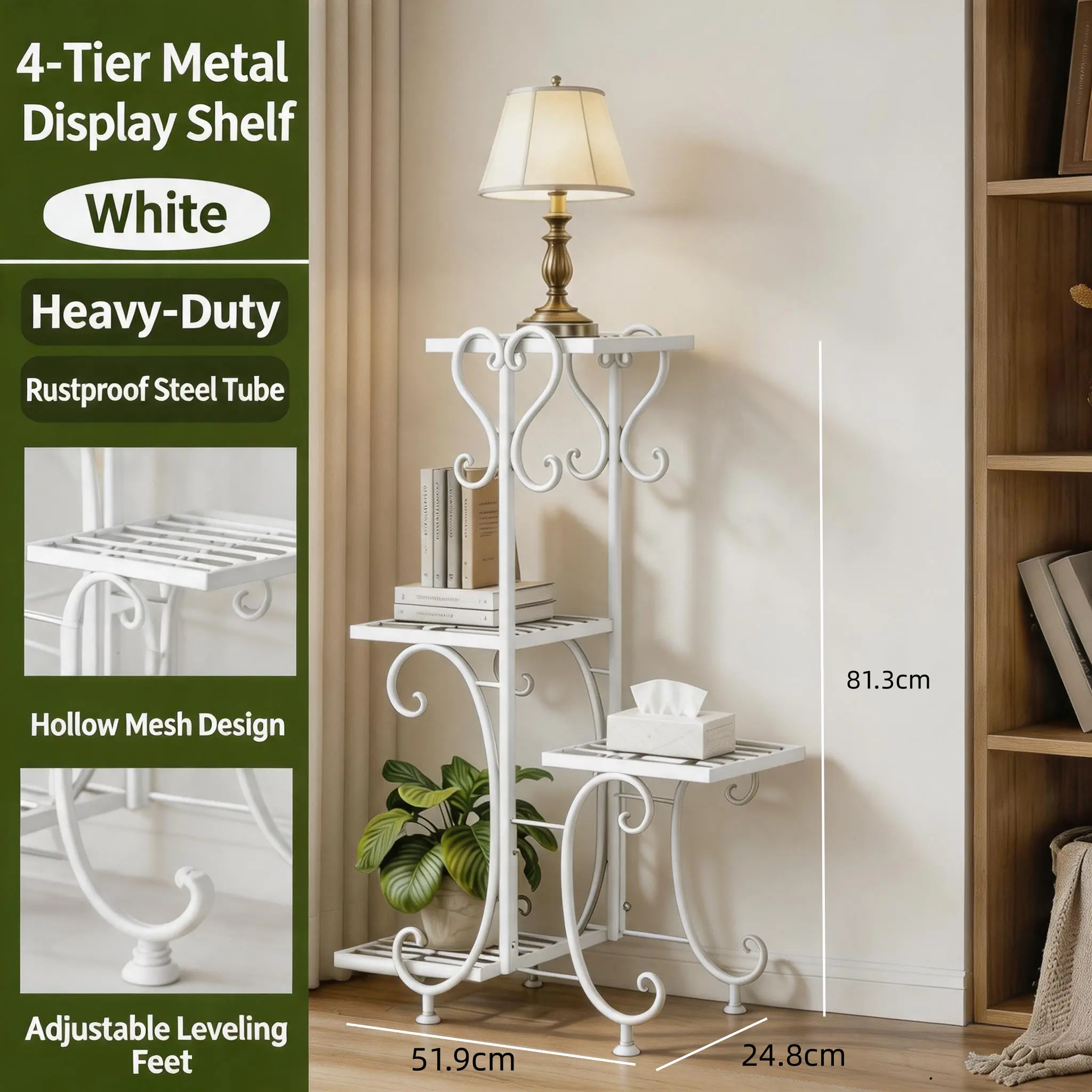 4-Tier Tall Corner Storage Shelf, Metal Indoor Outdoor Multipurpose Shelf for Living Room Balcony Home Decor, Holds 4 Items