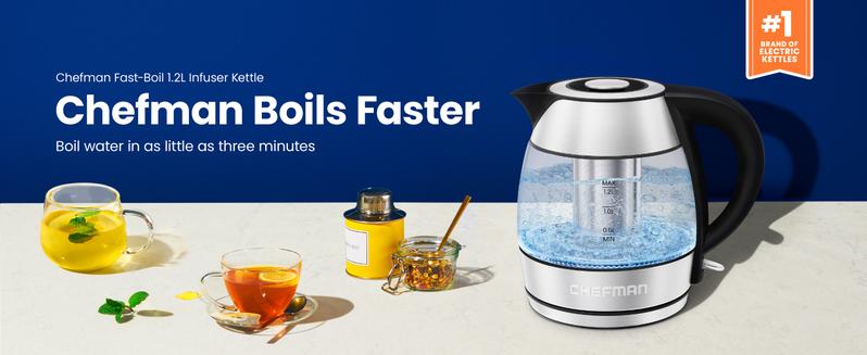 Chefman Rapid Boil 1.2L Electric Tea Kettle with Tea Infuser and Removable Lid - Stainless Steel