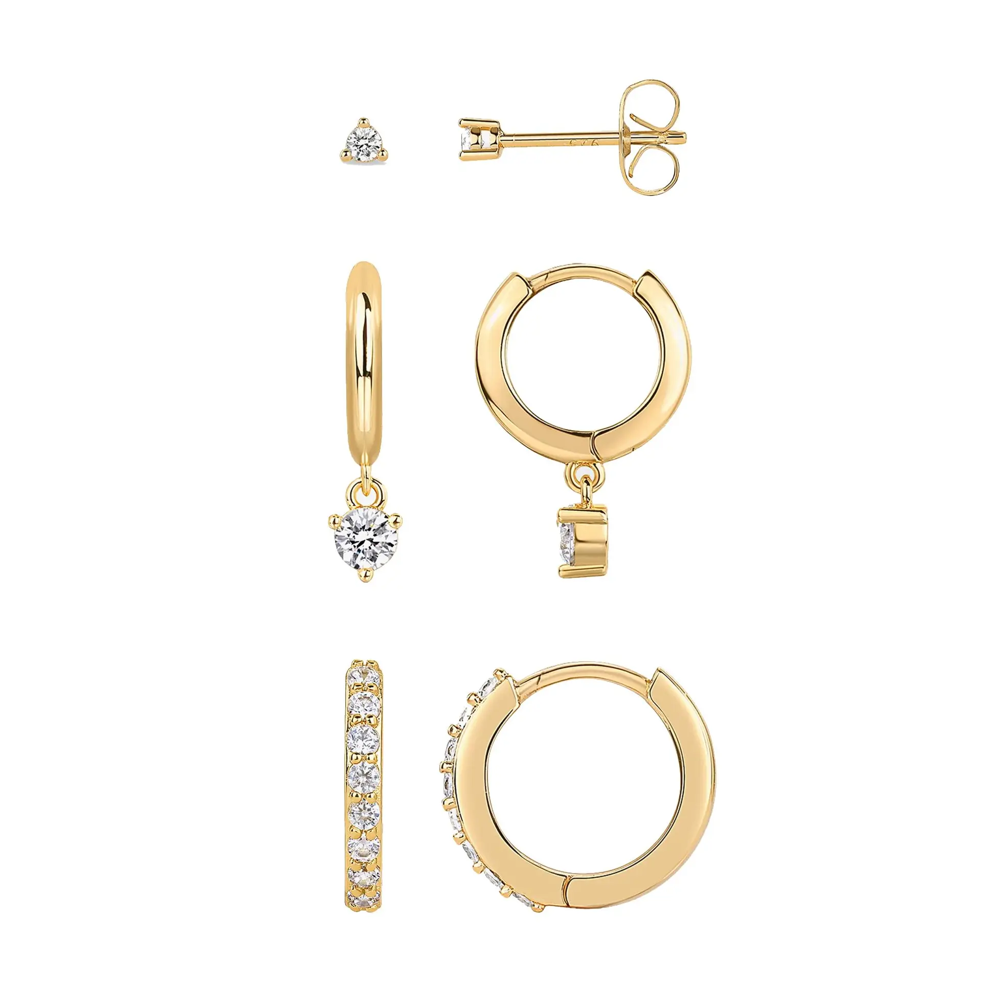 3 Pairs Gold Plated Everyday Elegance Earring Set - Stackable Huggie Hoops, CZ Studs, Gold Hoop Earrings Gift Set