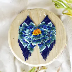 Flor de Agua - Native Beaded Flower Earrings in Blue - Handmade by Mexican Artisans - Mother Sierra