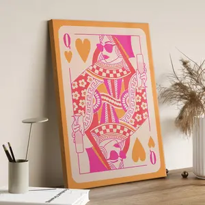 queen of hearts playing card funky wall art, pink and orange preppy wall art dorm decor, preppy y2k room decor aesthetic maximalist wall art