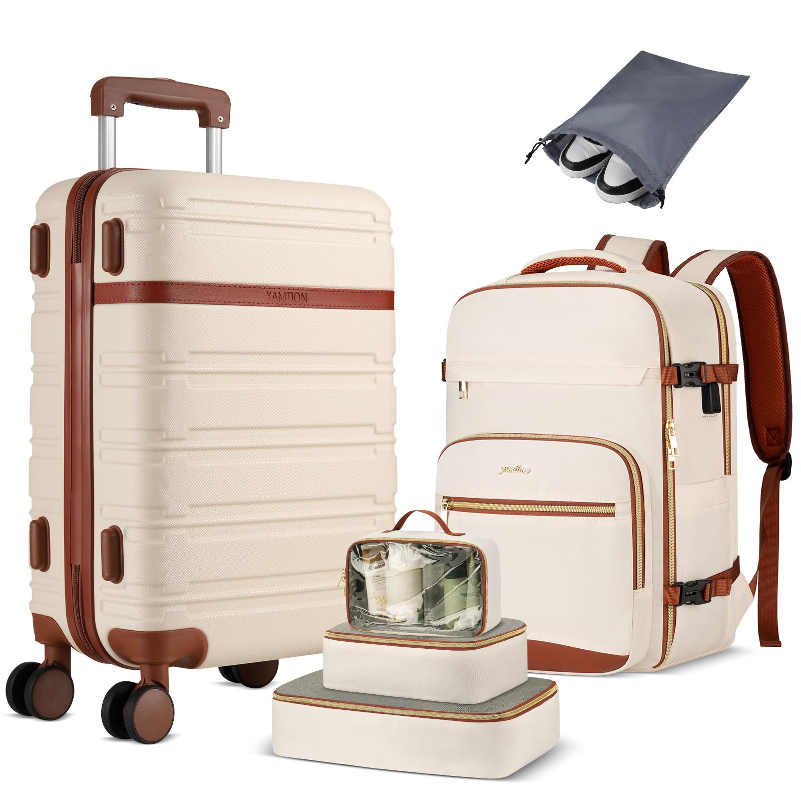 YAMTION 6 Piece Luggage Set, 20 Inch Carry On Hardside Luggage with Spinner Wheels, Travel Backpack, Packing Cubes, Toiletry Bag & Shoe Bag, Vintage Black Brown Luggage Set for Travel, Business, College, Vacation & Daily Commute