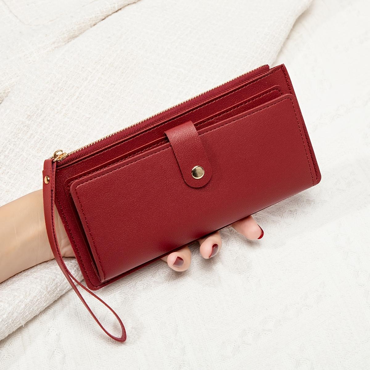 Wine Red Women's Card Holder Wallet, Multi-Functional Zipper Wallet with Multiple Card Slots, Clutch with Snap Closure, Long Zipper Wallet