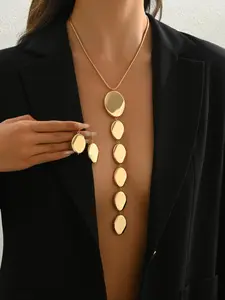 Women's Fashion Simple Earrings Necklace Jewelry Set, Geometric Irregular Pendant, Long Y-Shaped Pendant, Metal Style Accessories, Elegant Jewelry Set, Trendy Jewelry Set
